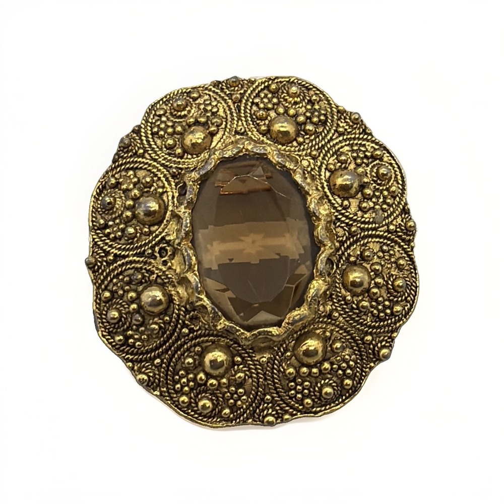 Vintage Brooch Ornate Brown Facet Glass Center Textured Fold Gold Design